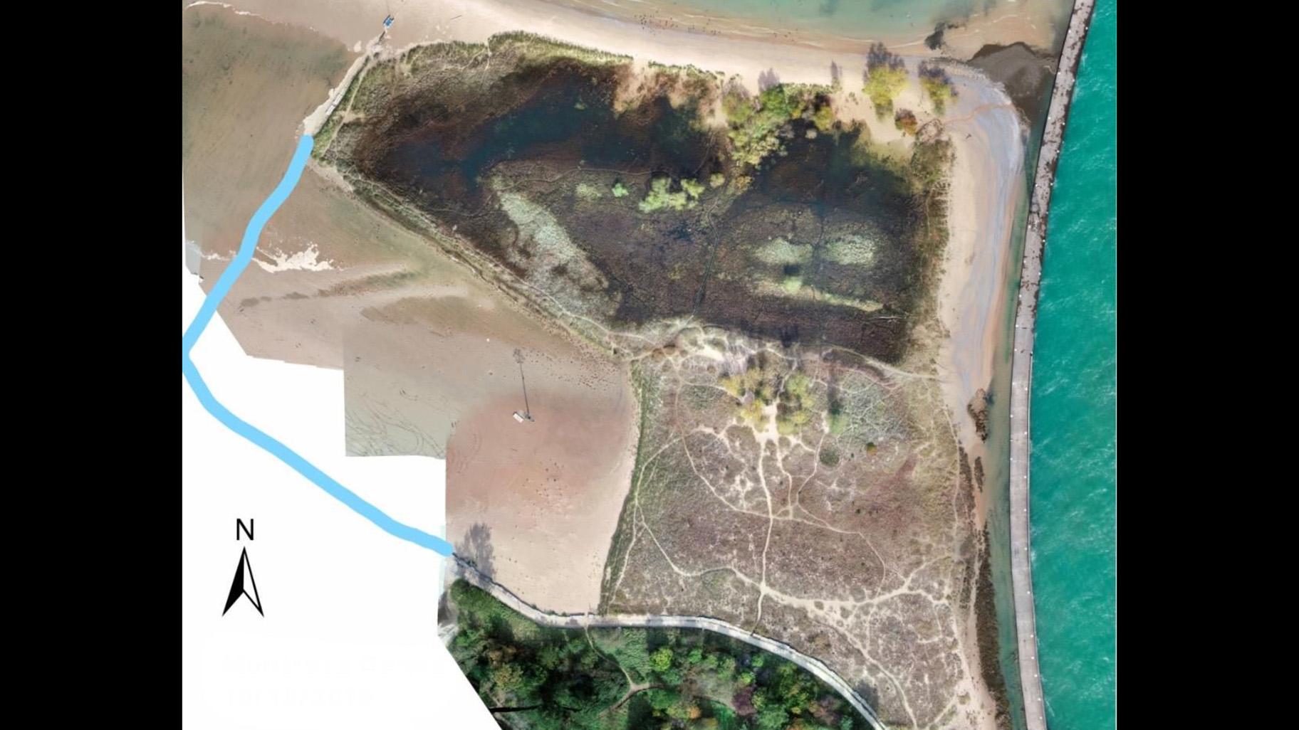 A satellite view of the proposed new boundary (marked in blue) of the Montrose Beach Dune Natural Area (on the right). (Courtesy of Leslie Borns)